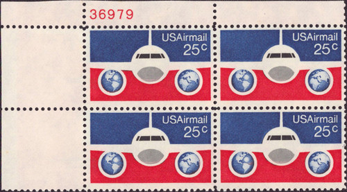 1976 25¢ Air Post - Plane & Globes Mint Plate Block