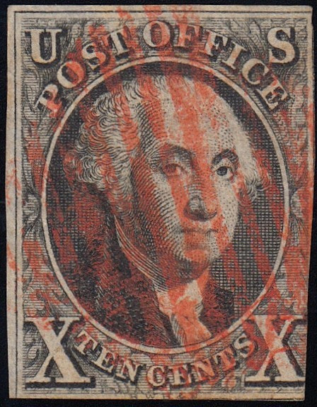 1847 10¢ Washington, Used Red Grid Cancel, US #2
