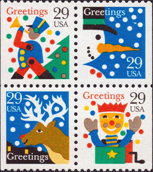 1993 29¢ Christmas-Contemporary Se-tenant Block from Booklet Pane(4 Varieties, Attached)