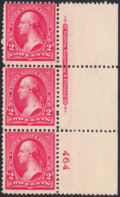 1895 2¢ Washington Carmine Type III, Plate # Strip of 3