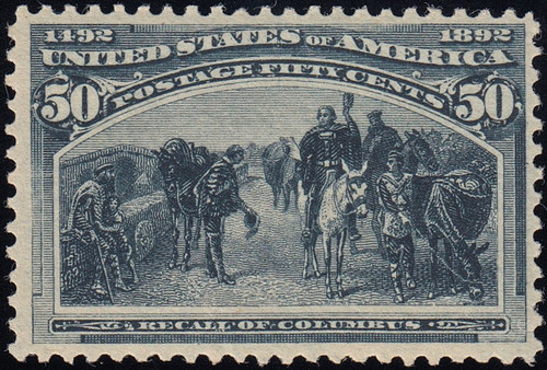 1893 50¢ Columbian Slate Blue, FVF Never Hinged, Certificate
