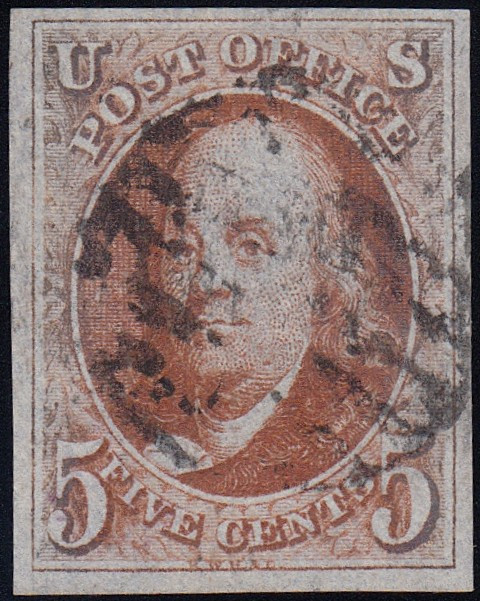1847 5¢ Franklin-Orange Brown, Certificate - Grade VF-XF 85 Used, Black Grid Cancel