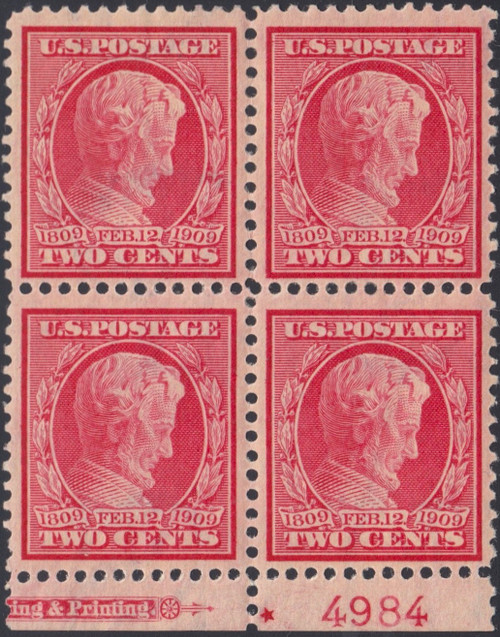 1909 2¢ Lincoln Memorial Issue, Plate Number & Imprint Block of Four, US #367