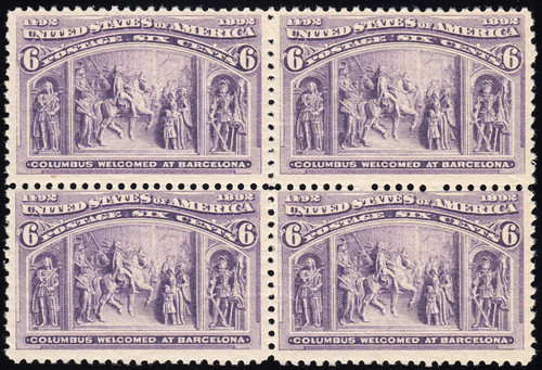 1893 6¢ Columbian - Block of 4, FVF Original Gum