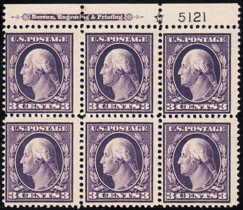 1908 3¢ Washington, Double Line Watermark - Plate Block of Six with Star
