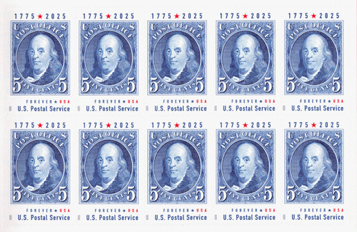 2025 (78¢) 1847-Inspired Design of 5¢ Franklin Stamp Mint Pane of 10