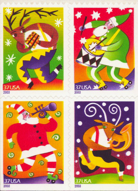 2003 37¢ Christmas Music Makers (4 Varieties, Attached), Die Cut 10½ x 10¾ Self-Adhesive Mint Block of 4