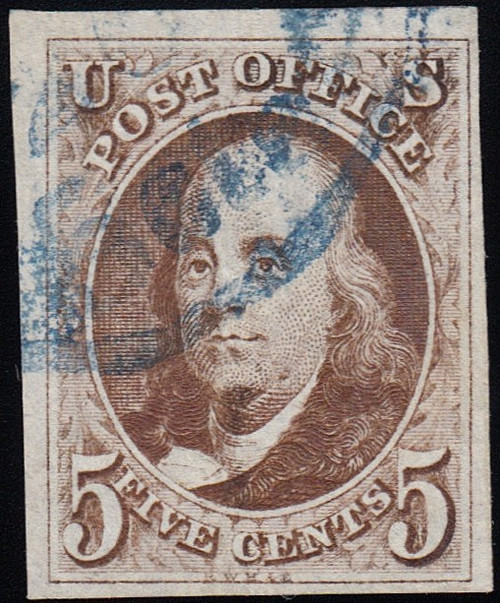 1847 5c Franklin VF/XF Used, Blue Town Cancel, US #1