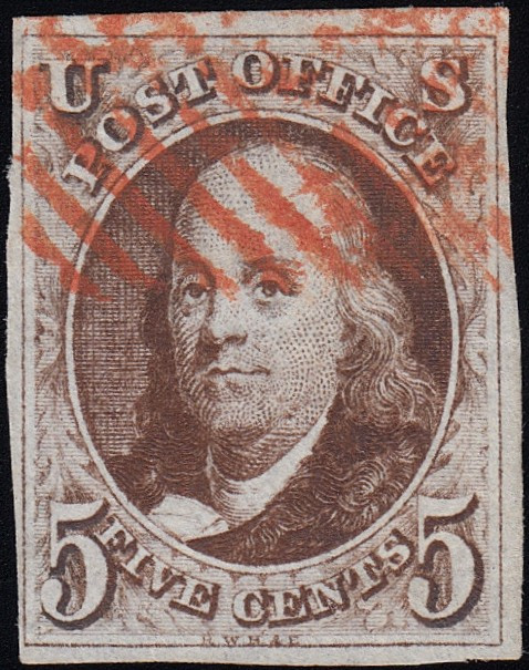 1847 5¢ Franklin, VF Used, Bold Red Grid Cancel, US #1