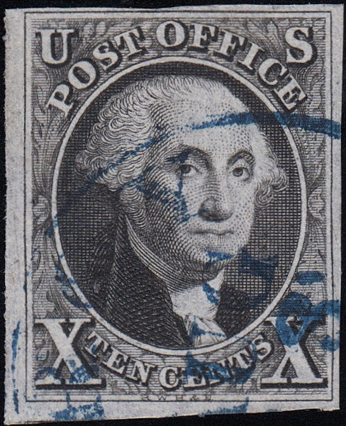 1847 10¢ Washington Imperf., VF Used Blue Town Cancellation