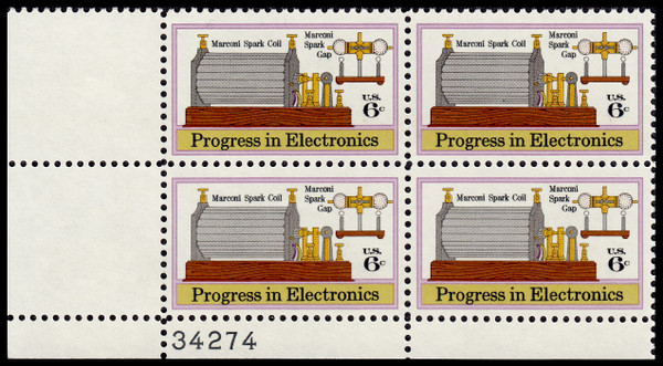 1973 6¢ Progress in Electronics - Marconi Spark Coil & Gap Plate Block