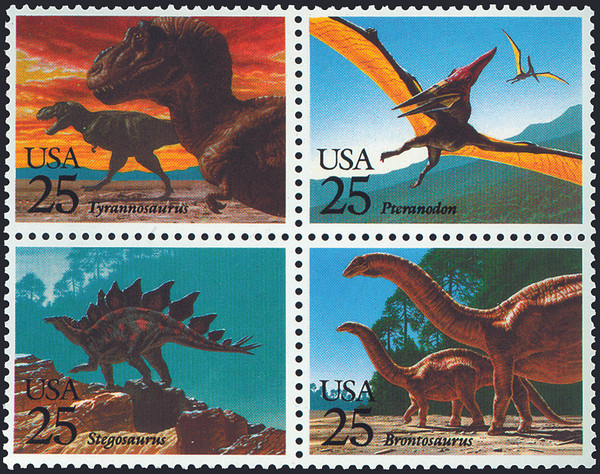 1989 25¢ Prehistoric Animals Mint Block