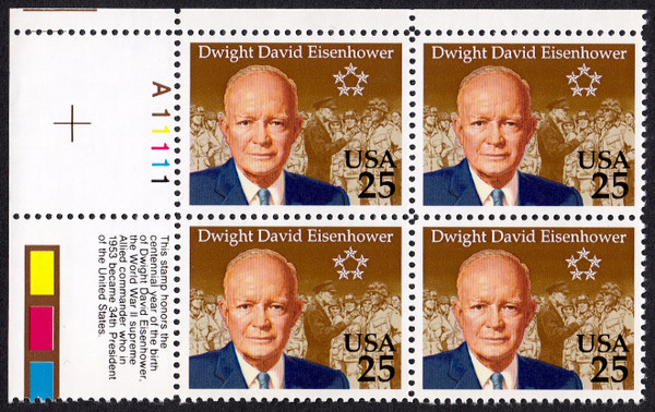 1990 25¢ Dwight D. Eisenhower Plate Block