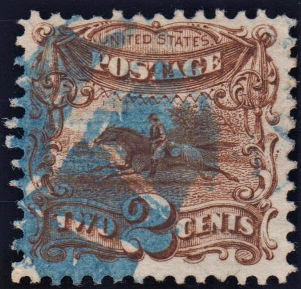 1869 2¢ Pony Express Rider, FVF Used, Blue Cancel