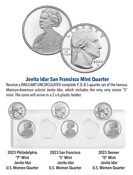 American Women 2023 Brilliant Uncirculated Jovita Idar Philadelphia, Denver, and San Francisco coin set