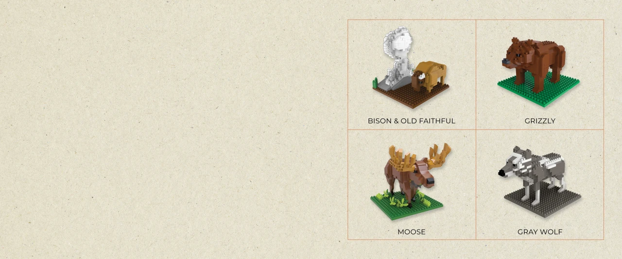 Bison & Old Faithful, Grizzly, Moose, and Gray Wolf Mini Building Block sets assembled on a tan background.
