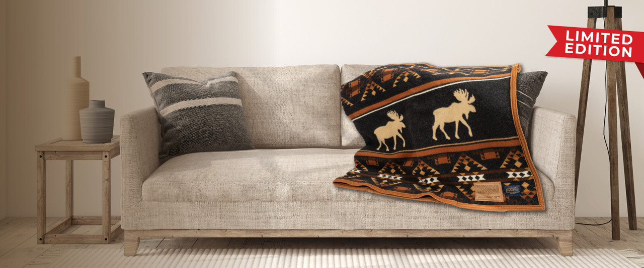 Pendleton Blanket With Moose on Couch in Living Room