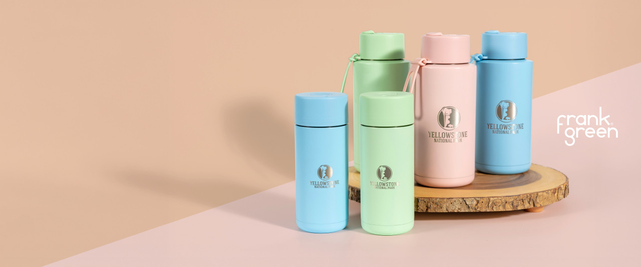 Frank Green water bottles in blue, green, and pink.