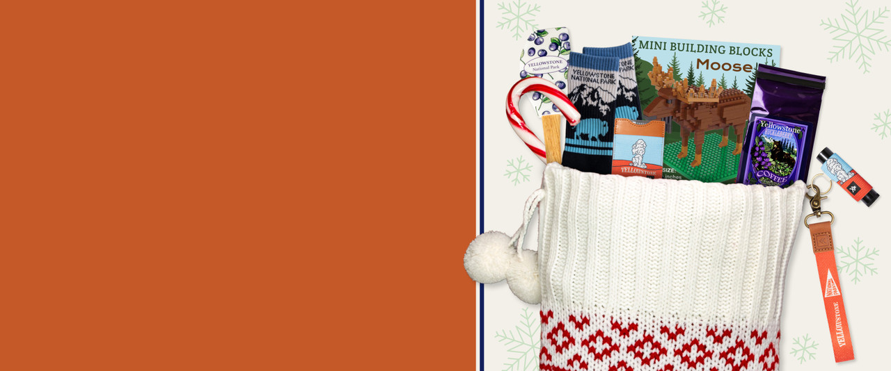cCandy cane, socks, huckleberry coffee, and other gifts in a Christmas stocking.