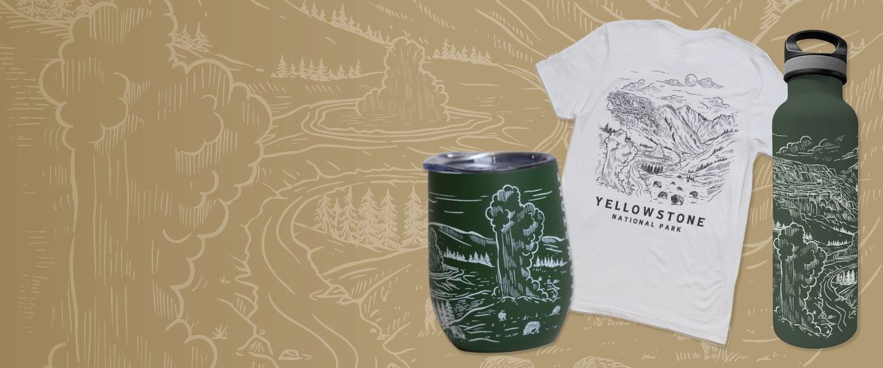 A cup, tee, and water bottle with aerial views of Yellowstone iconography.