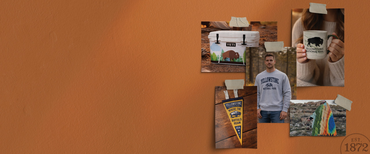 Yellowstone National Park Yeti cooler, mug, Champion sweatshirt, blanket, and oxford pennant.