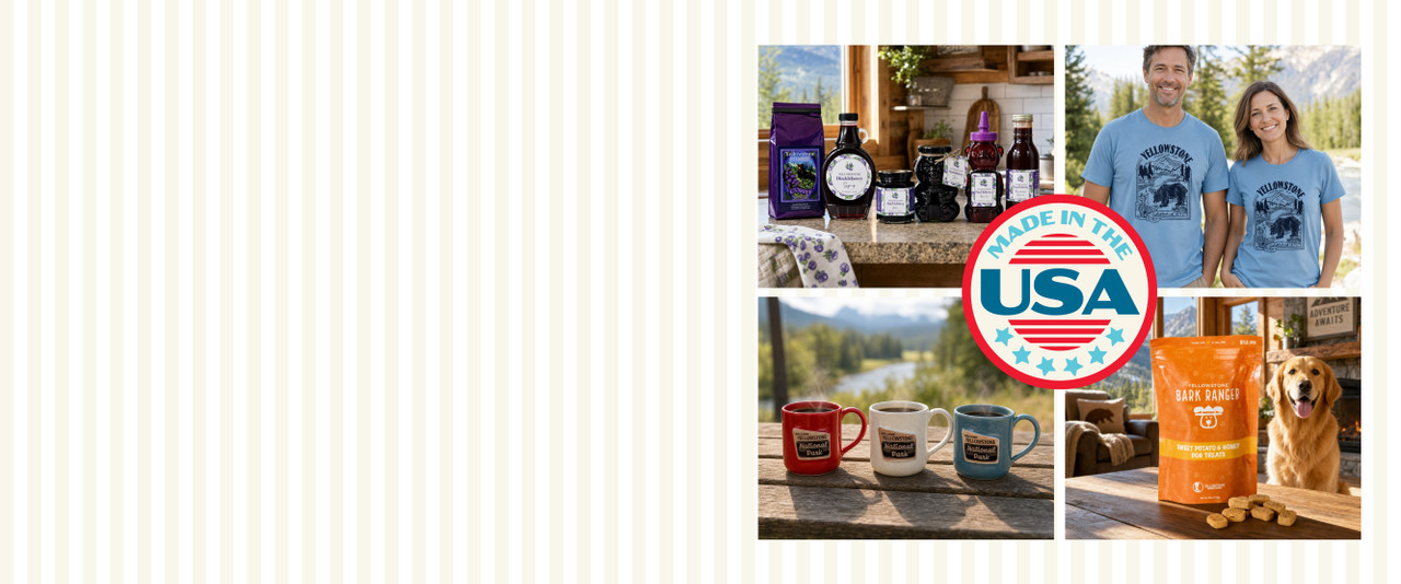 A collection of huckleberry goods, a man and woman in blue Yellowstone tees, red, white, and blue mugs, and a dog with a bag of treats.
