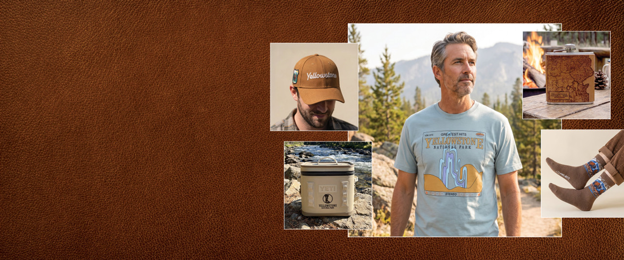 Man in blue Yellowstone tee surrounded by Yellowstone inspired hat, socks, leather wrapped flask, and Yeti cooler.