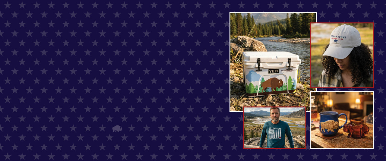 A cooler, hat, long sleeved tee, mug, and shot glass all featuring the American bison on a patriotic background.