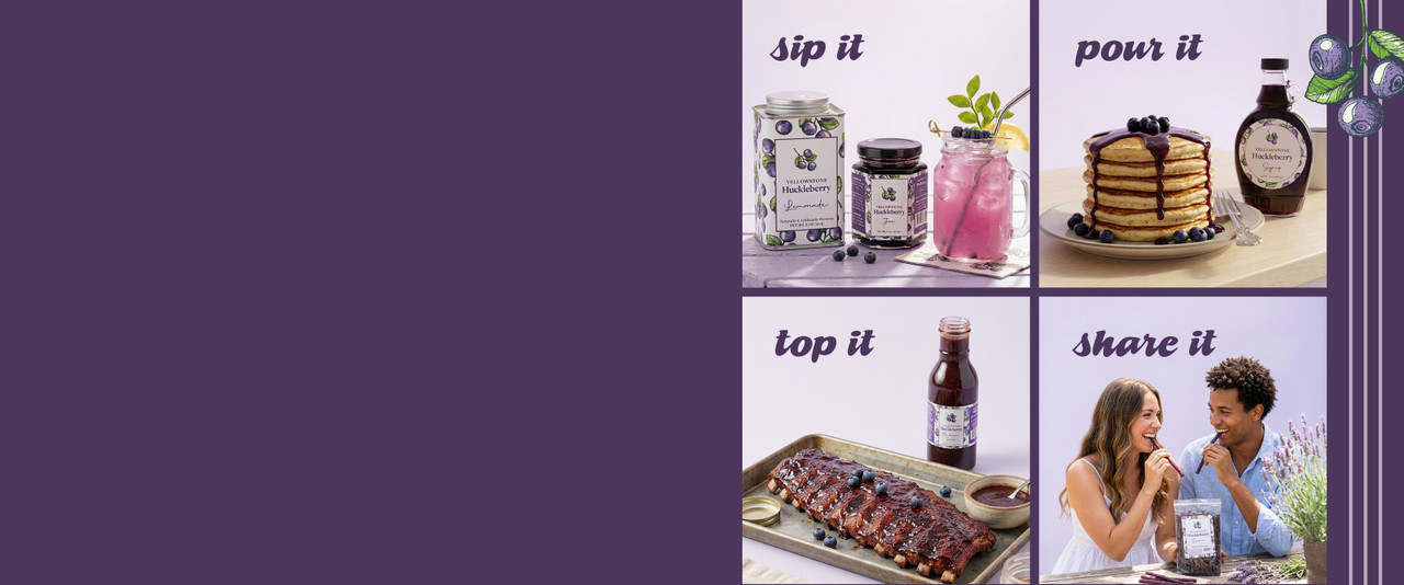 Huckleberry lemonade, pancakes, bbq ribs, and licorice on a purple background.