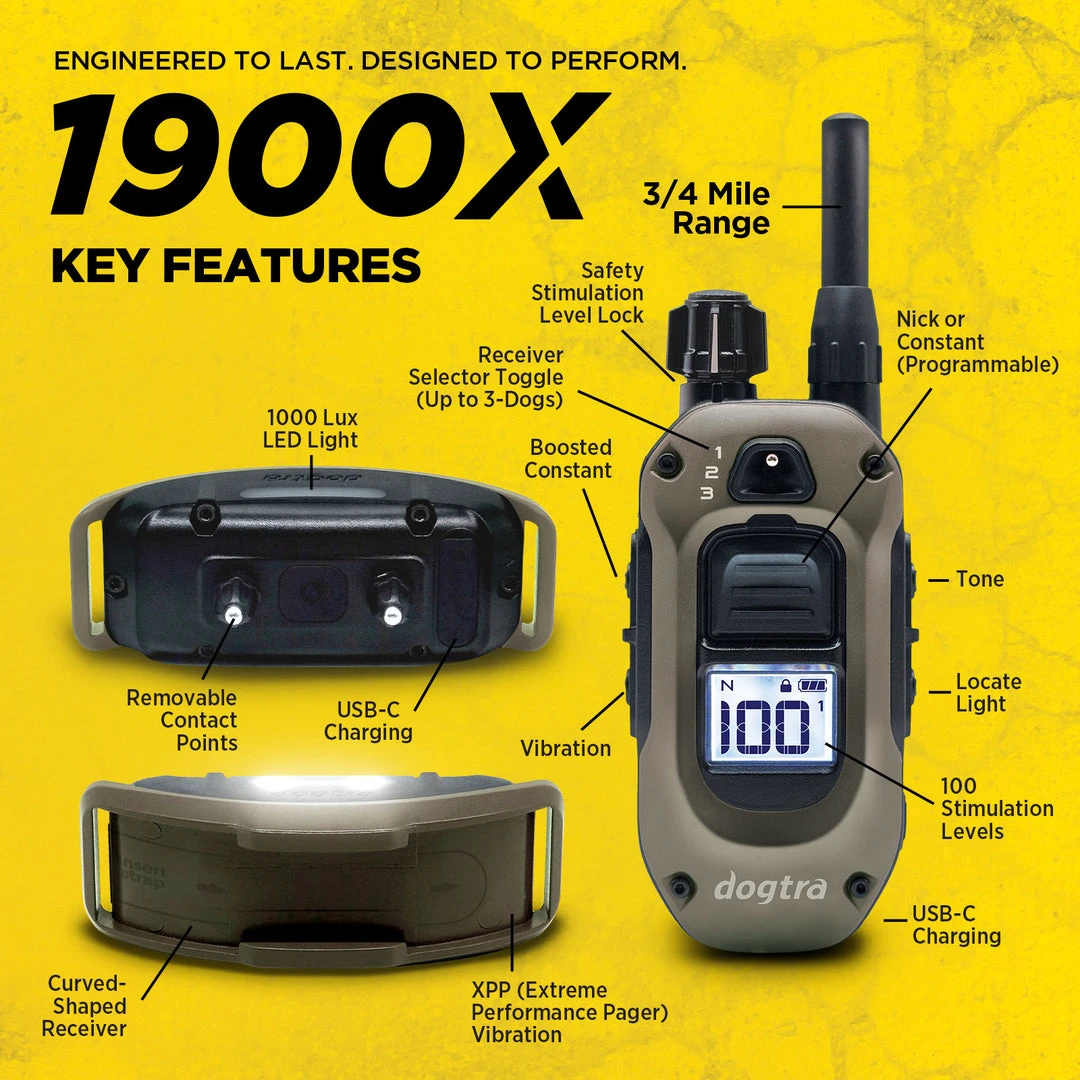 Dogtra 1900X key features including 1200 metre range, receiver toggle, BOOST, vibration, tone, 100 levels and USB-C charging