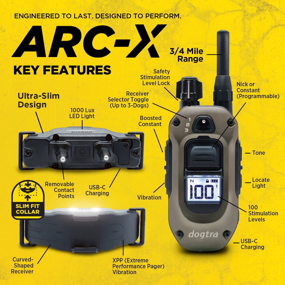 Dogtra ARC-X key features including 1200 metre range, 100 levels, XPP vibration, tone, LED light and USB-C charging