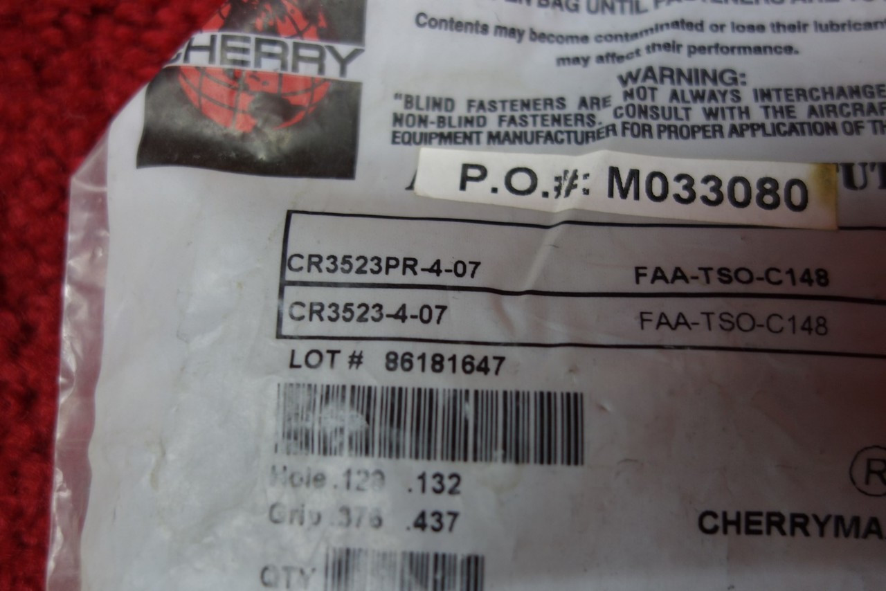 Cherry CHERRYMAX Universal Head Monel Blind Rivets PN CR3523-4-07, CR3523-4-7  FCA Air Parts
