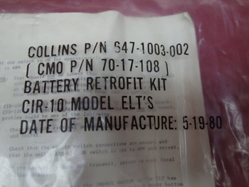 Collins Battery Retrofit Kit PN 647-1003-002, 70-17-108