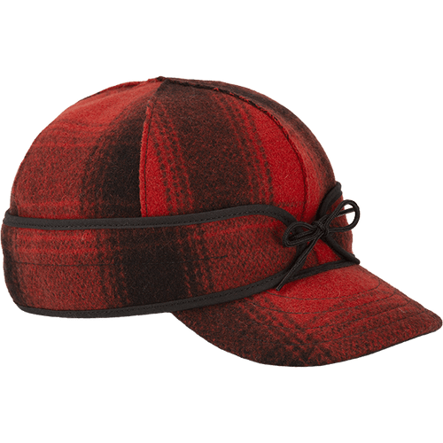 The Original Stormy Kromer Cap: a wool, six-panel winter cap with a pulldown earband, brim and tie in the front.