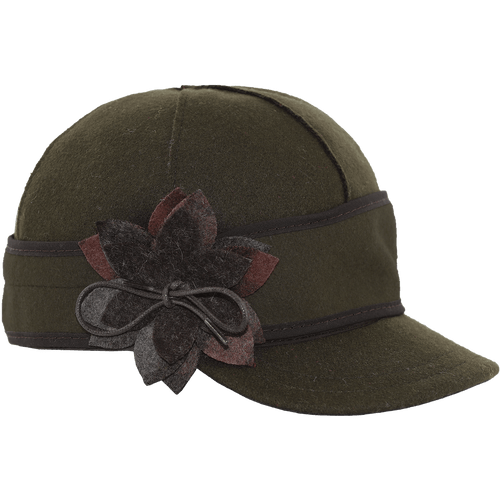 A 45 degree angle view of The Petal Pusher Cap: a wool, six-panel winter cap with a pulldown earband that ties off to the side with a wool flower, and a brim. A 45 degree angle view of The Petal Pusher Cap: a wool, six-panel winter cap with a pulldown earband that ties off to the side with a wool flower, and a brim.