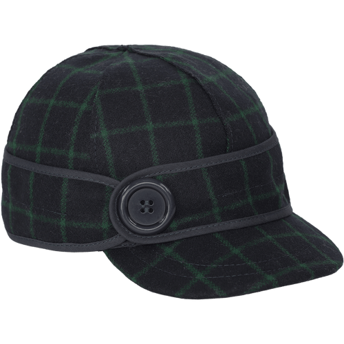 Side view of The Button Up Cap: a wool, six-panel winter cap with a pulldown earband that secures to the side with a large button, and a brim.