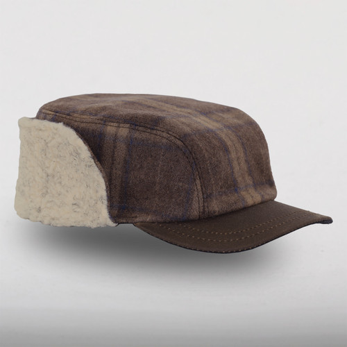 Image of Stormy Kromer Bergland Cap: a flat-top style wool winter cap with a square-cornered brim and sherpa-lined earflaps that snap up.