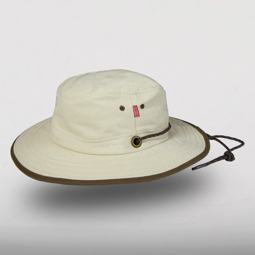Natural, off white, wide brimmed Canvas Cruiser with a paracord neck strap and cord lock.