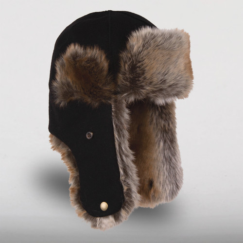 Image of Stormy Kromer Northwoods Trapper Hat: a wool, insulated winter hat with faux fur accents and lining in a trapper or aviator style, including long ear coverings that snap under the chin.