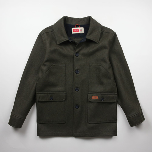Front view of the Mackinaw Coat: A collared, button-front wool coat with six large pockets on the front.
