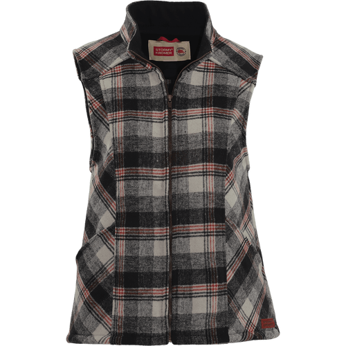 Front view of the Ida Outfitter Vest: A wool, plaid zip front ladies vest with stand collar and large side top-entry pockets. Front view of the Ida Outfitter Vest: A wool, plaid zip front ladies vest with stand collar and large side top-entry pockets.