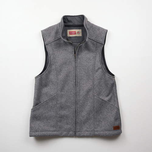 Front view of the Ida Outfitter Vest: A wool, plaid zip front ladies vest with stand collar and large side top-entry pockets.