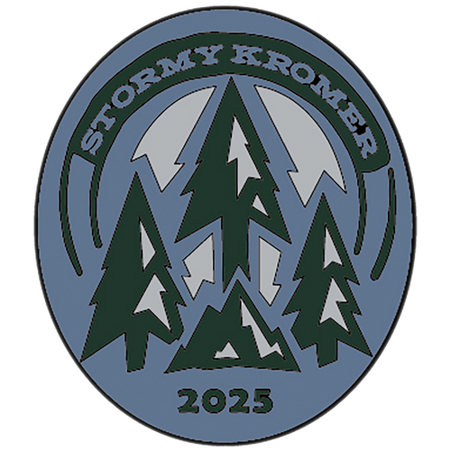 The Collector's Pin with three trees on a blue background