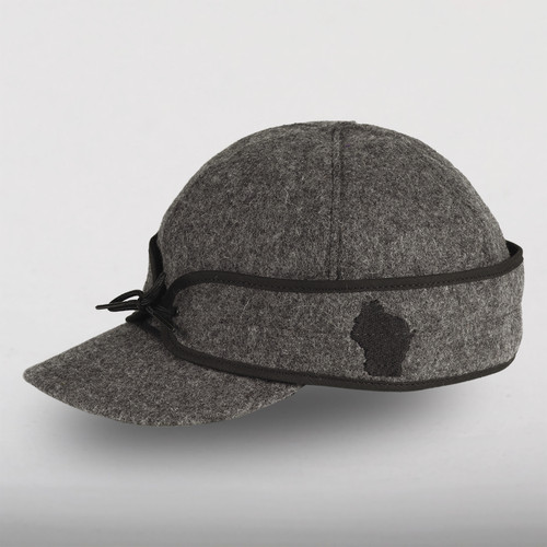 Image of Stormy Kromer Original Cap State Pride Cap: a six-panel wool winter cap with an earband and a tie in front. This view also shows the outline of the state of Michigan embroidered on the side.