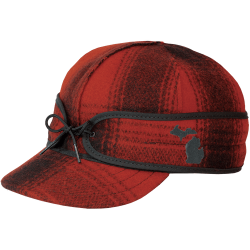 The Stormy Kromer Original Cap State Pride Cap in red/black plaid with the outline of the state of Michigan embroidered on the side.