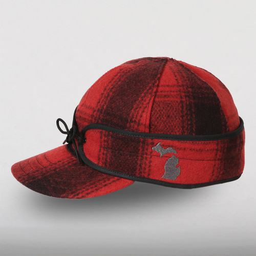 The Stormy Kromer Original Cap State Pride Cap in red/black plaid with the outline of the state of Michigan embroidered on the side.