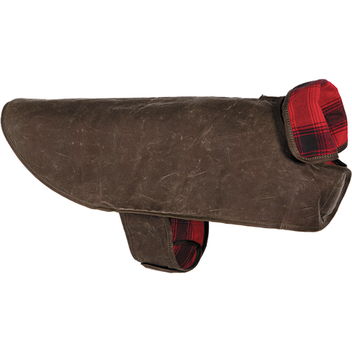 The SK Waxed Cotton Dog Jacket in Dark Oak and Red/Black Plaid flannel collar.
