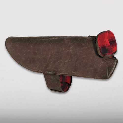 The SK Waxed Cotton Dog Jacket in Dark Oak and Red/Black Plaid flannel collar.