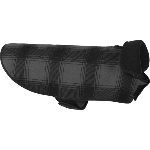 The SK Fleece Dog Jacket in gray/black plaid fleece. The SK Fleece Dog Jacket in gray/black plaid fleece.