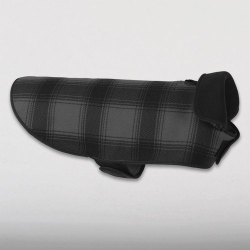 The SK Fleece Dog Jacket in gray/black plaid fleece.